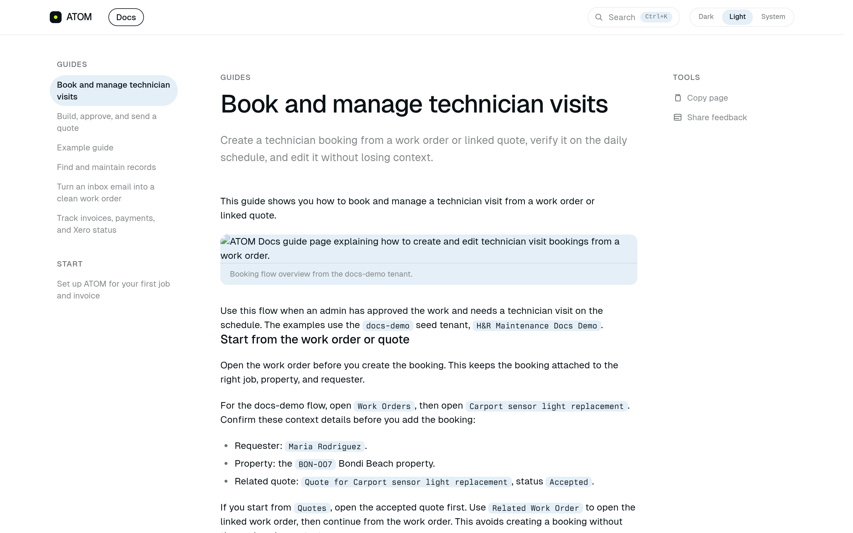 ATOM Docs guide page explaining how to create and edit technician visit bookings from a work order.