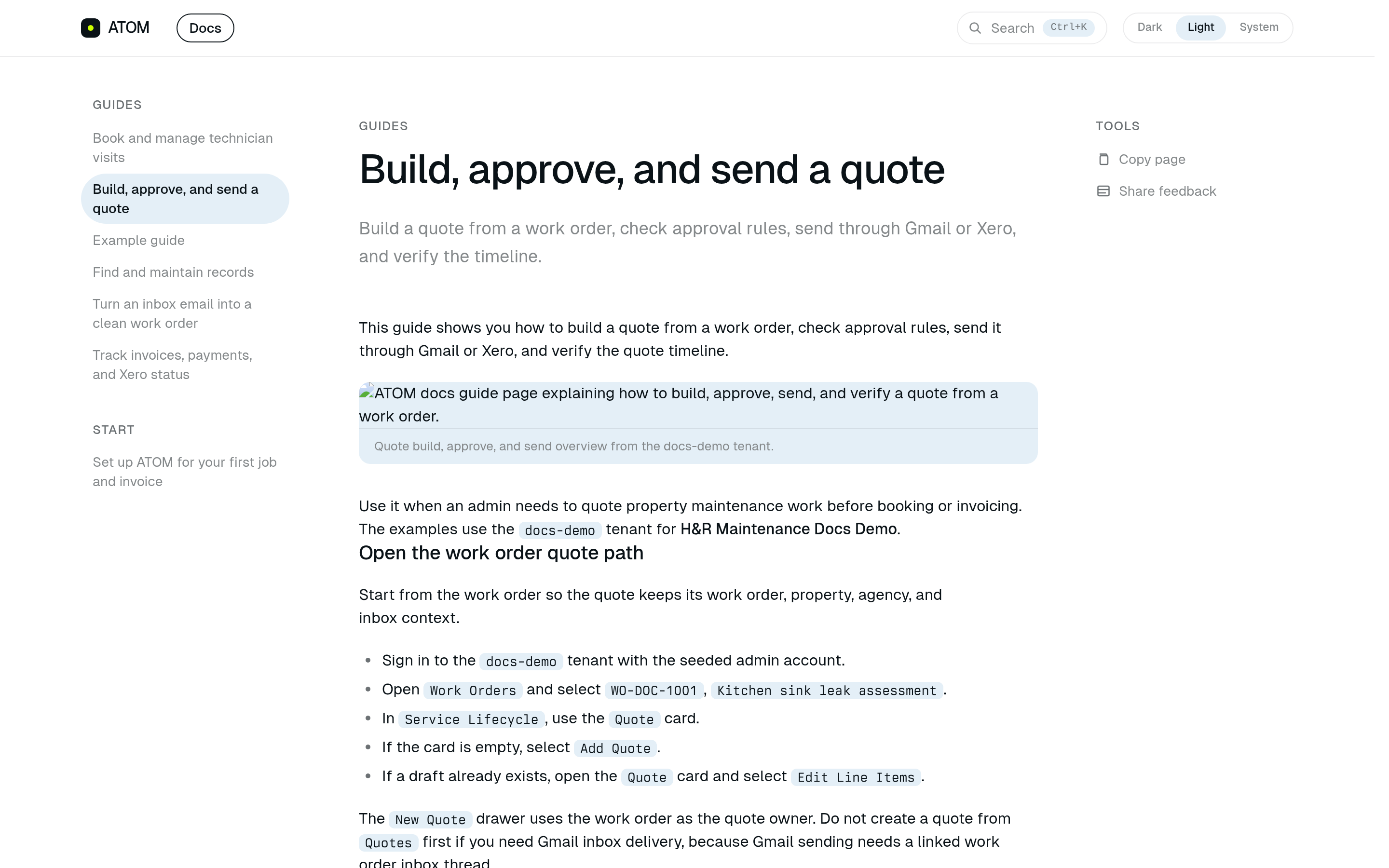 ATOM docs guide page explaining how to build, approve, send, and verify a quote from a work order.