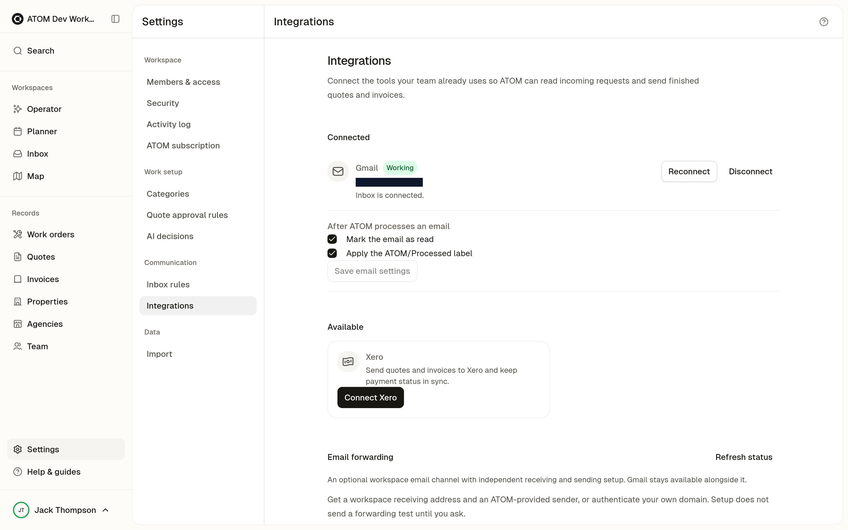 ATOM integrations settings for connecting and troubleshooting workspace services.