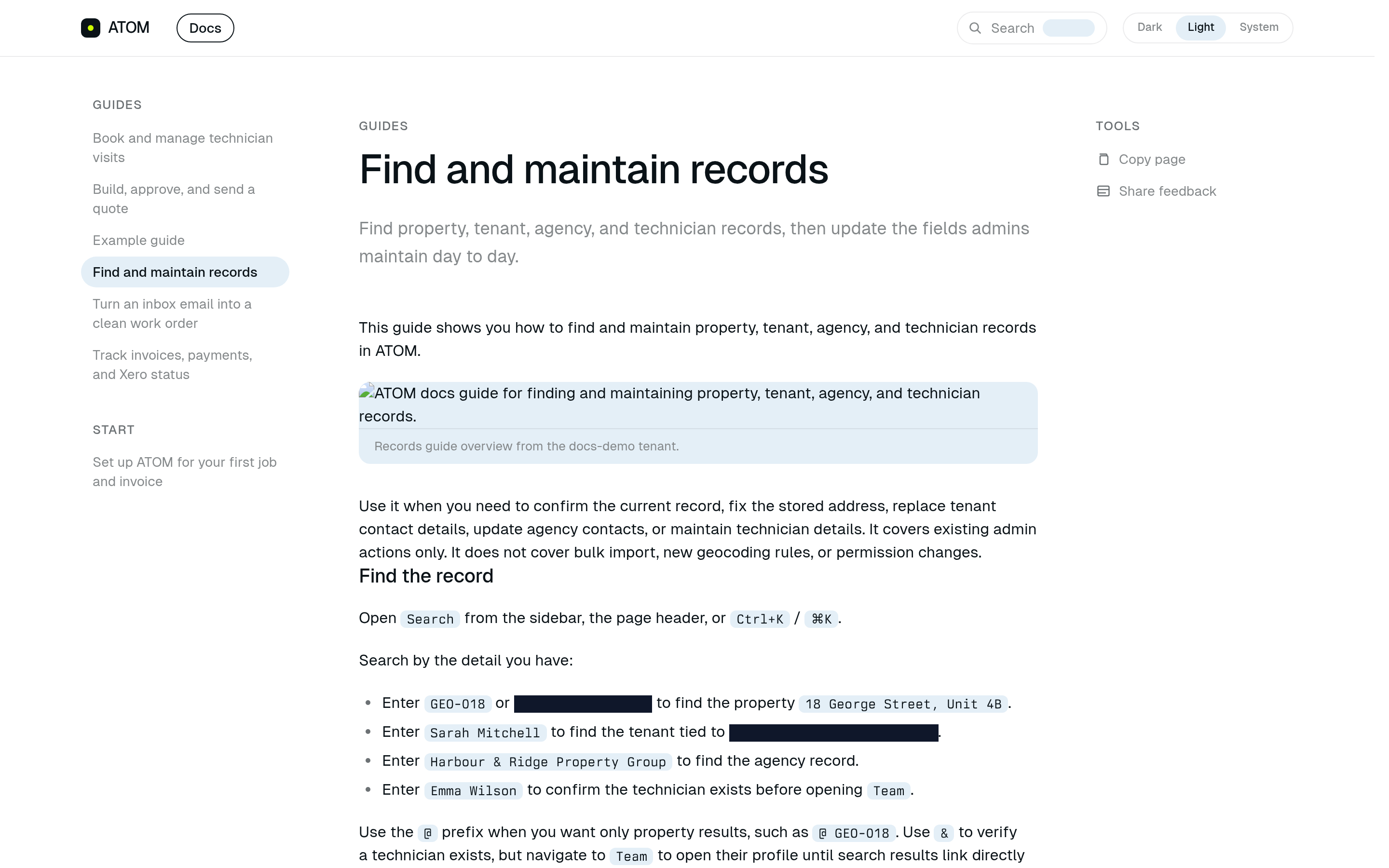 ATOM docs guide for finding and maintaining property, tenant, agency, and technician records.