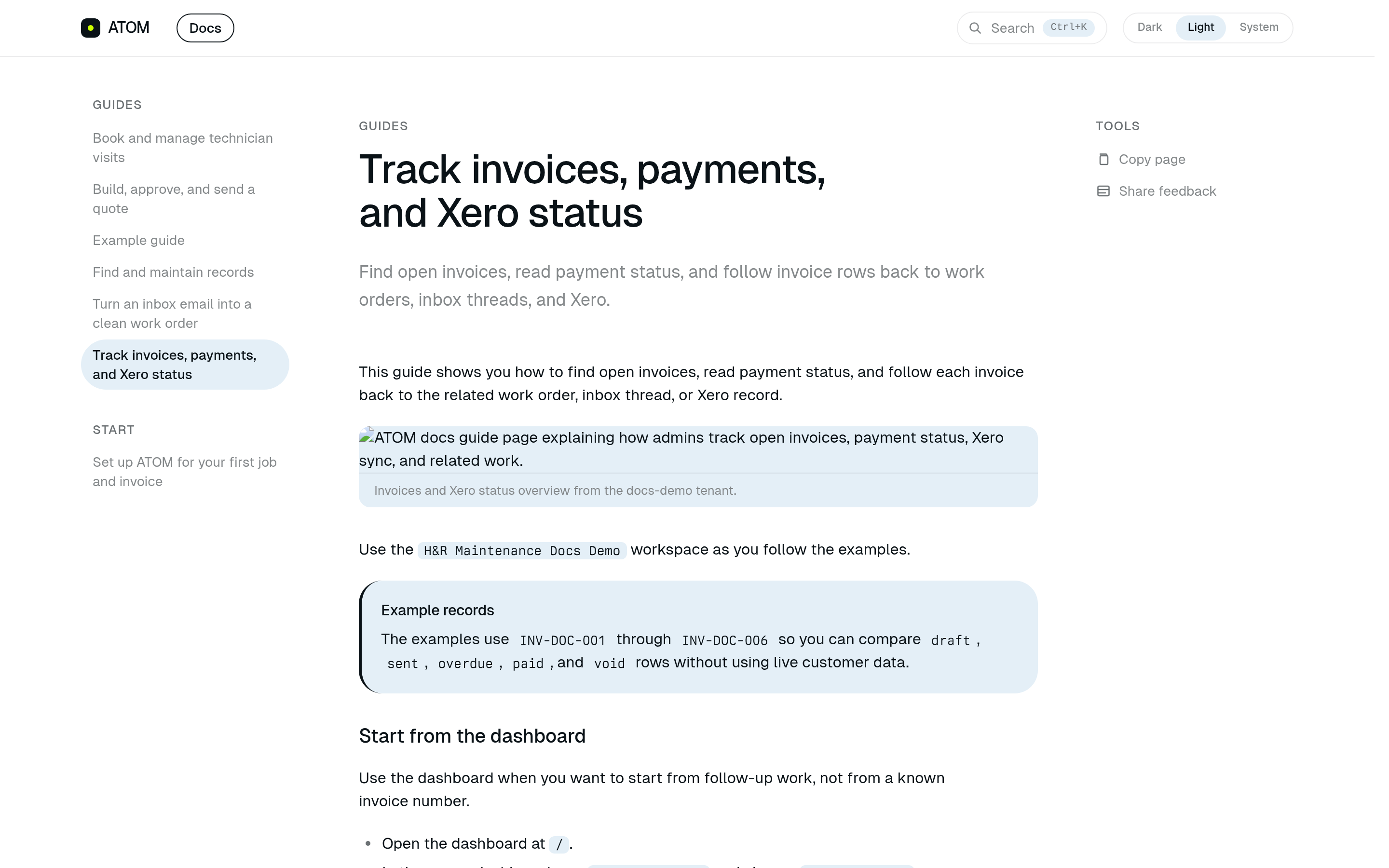 ATOM docs guide page explaining how admins track open invoices, payment status, Xero sync, and related work.