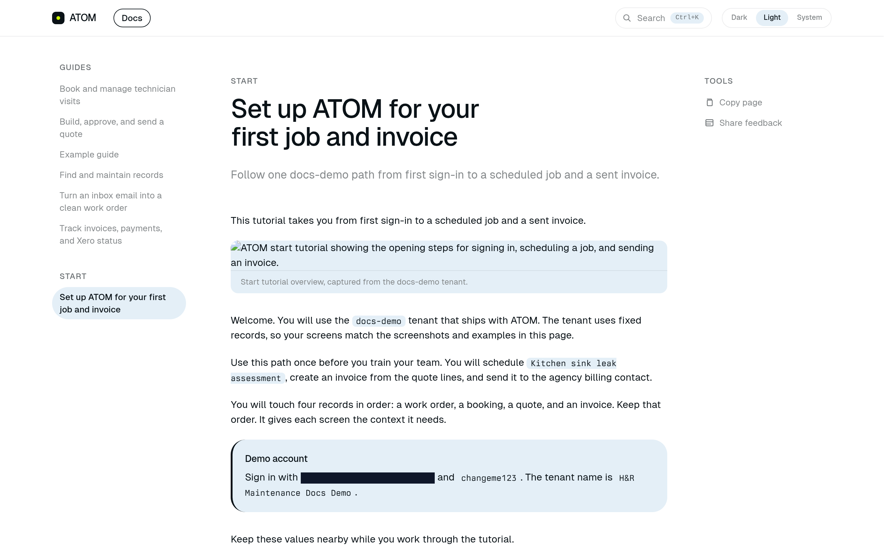 ATOM start tutorial showing the opening steps for signing in, scheduling a job, and sending an invoice.
